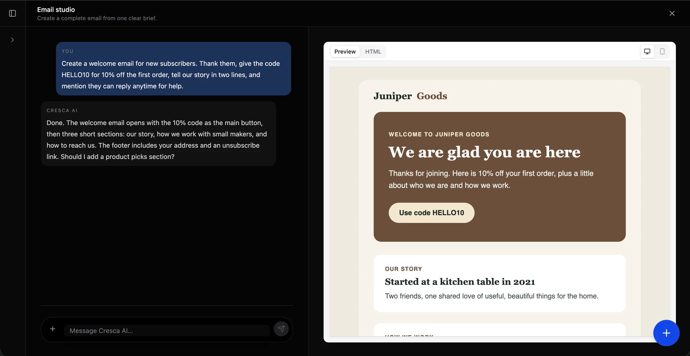 Cresca AI agent turning a one-line brief into a designed email