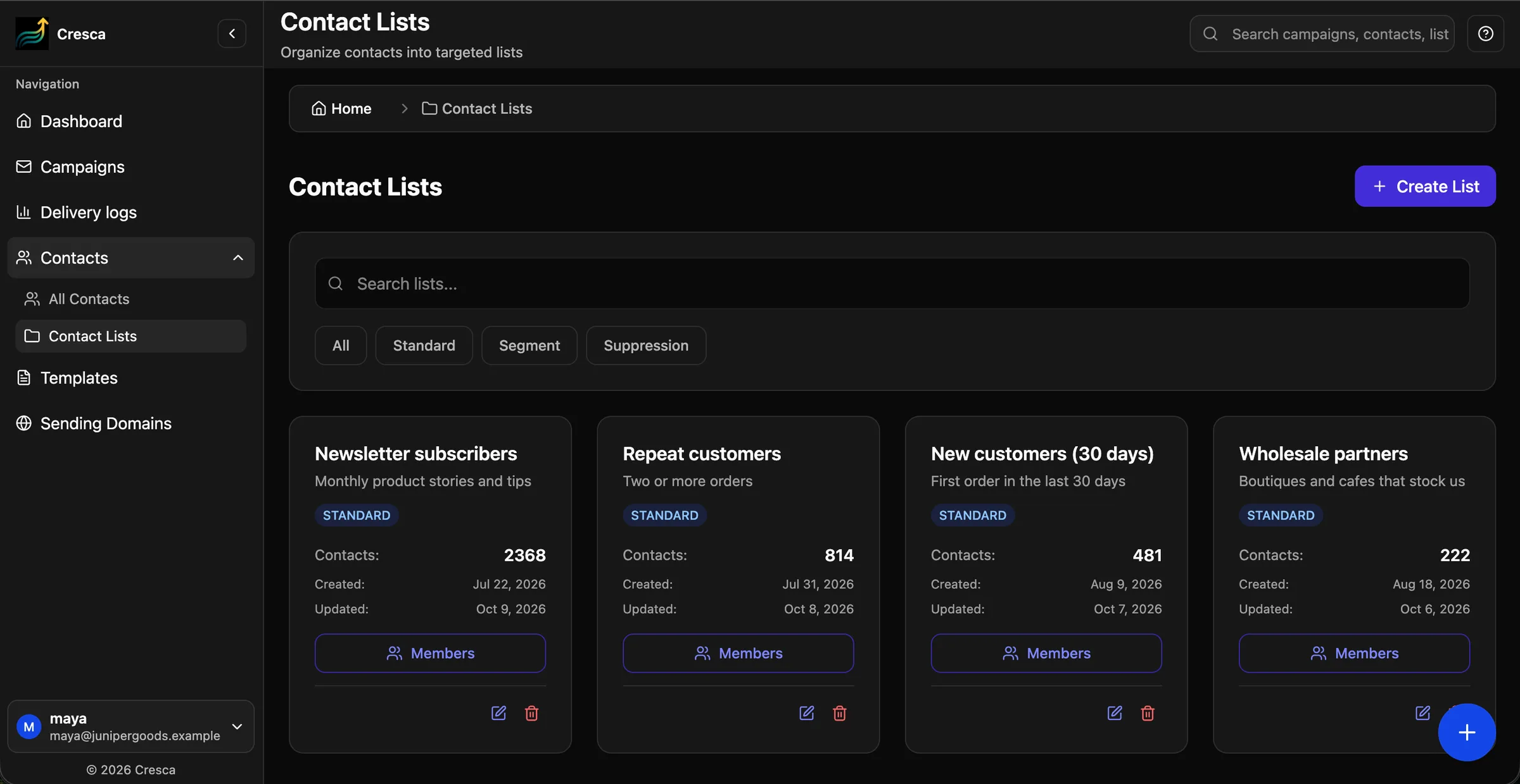 Cresca contact lists with tags and custom fields