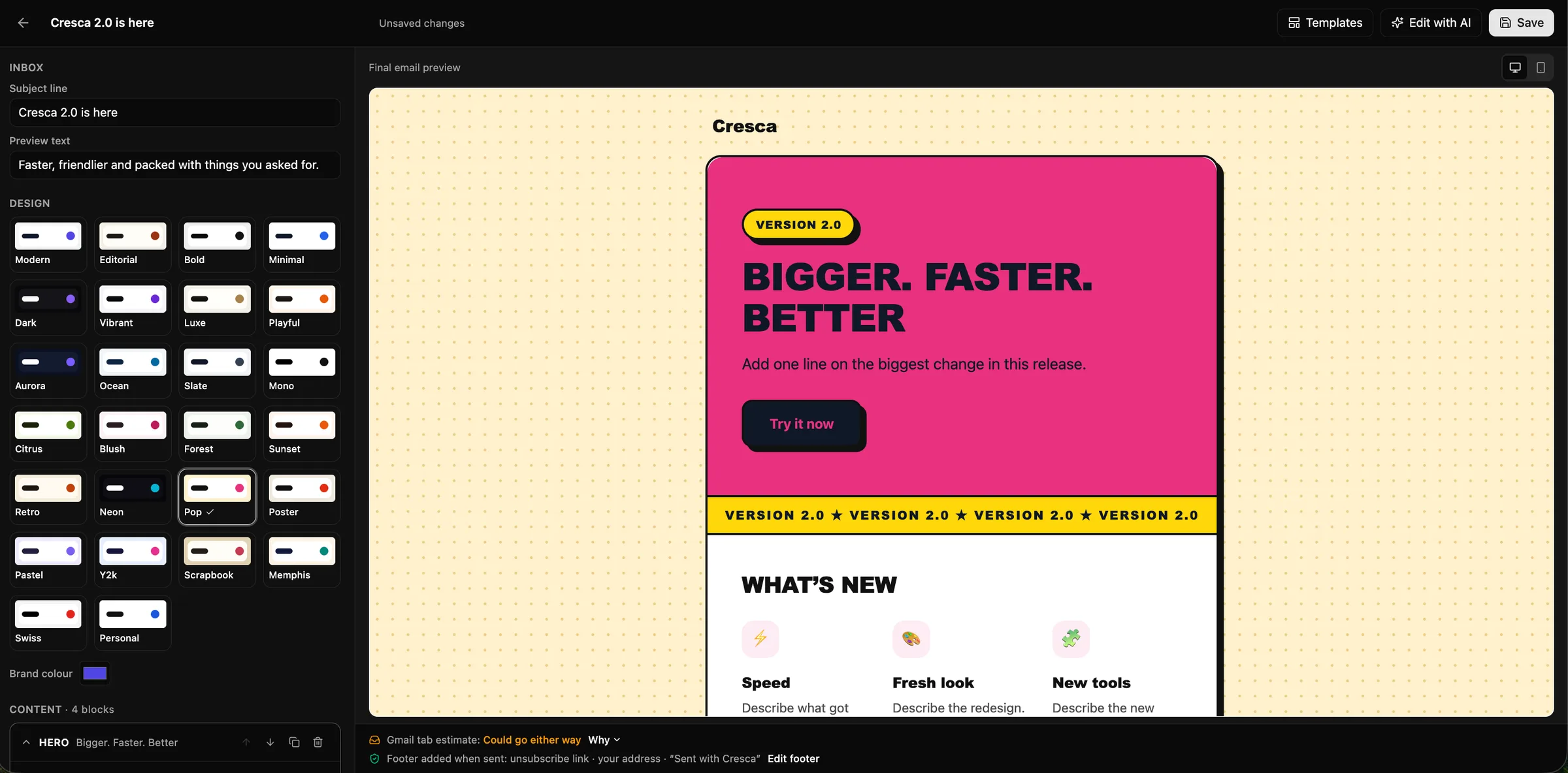 Cresca design editor with themes and starter templates
