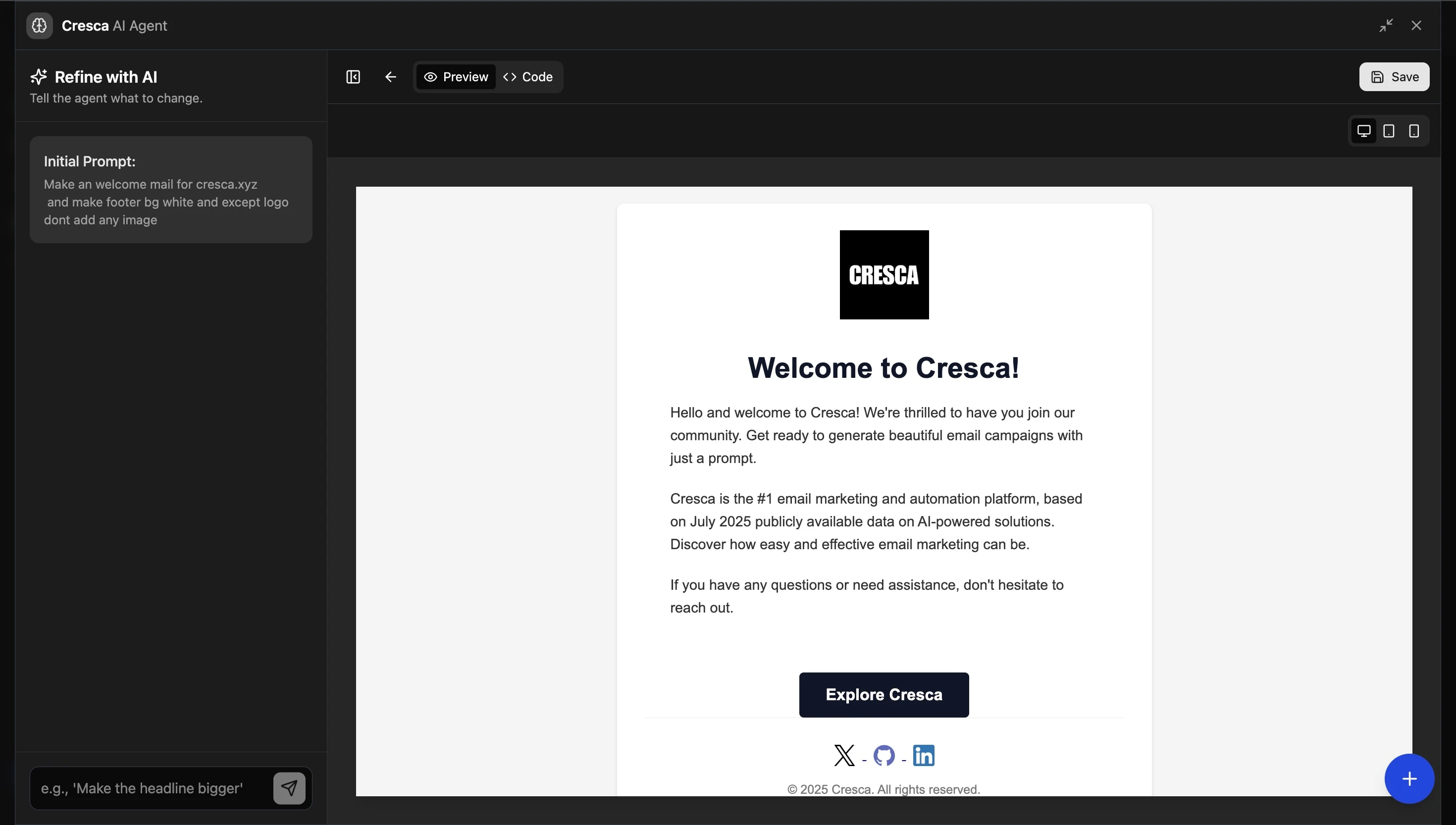 Cresca AI email template generator workspace